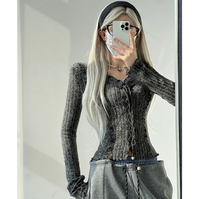 美式甜酷废土风灰色绑带针织衫女春秋修身显瘦V领长袖T恤打底上衣