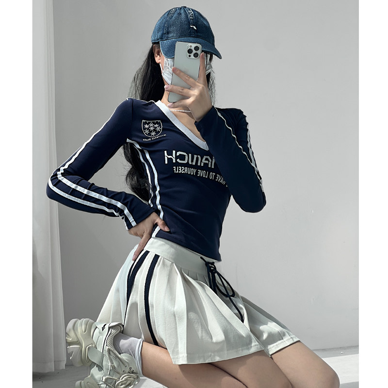 V领织带复古撞色球衣风长袖T恤女图片
