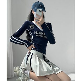 美高学院风辣妹V领织带复古撞色球衣风长袖T恤女运动正肩显瘦上衣