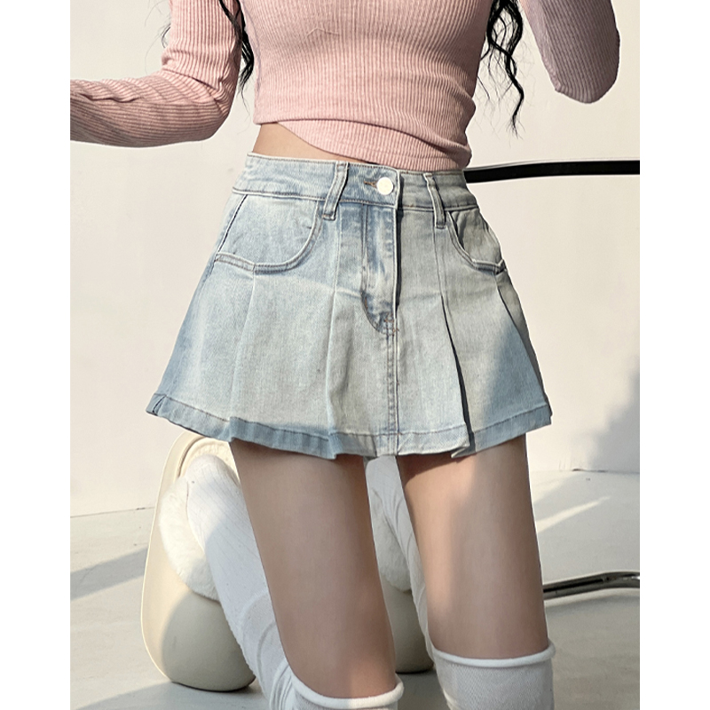美式高校少女感百褶裙裤牛仔短裙