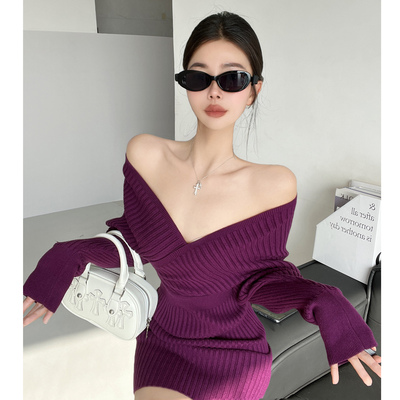 性感纯欲辣妹V领针织连衣裙女