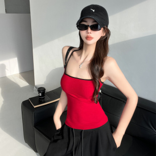 美式甜心~热辣复古撞色边吊带背心女修身显瘦U领短款外穿瑜伽运动