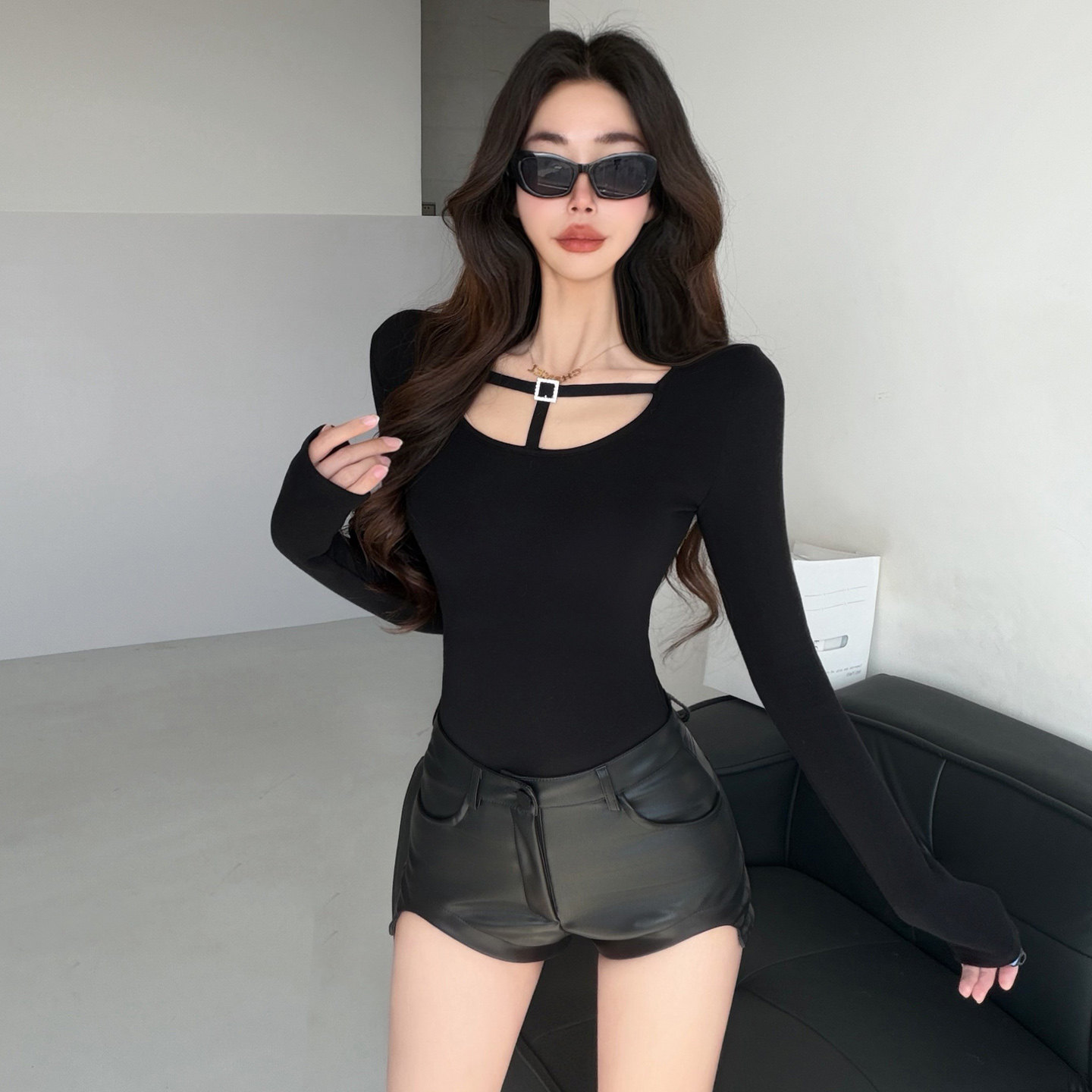 超绝比例~黑色高腰丰胯皮裤短裤女四季打底外穿包臀翘臀性感热裤