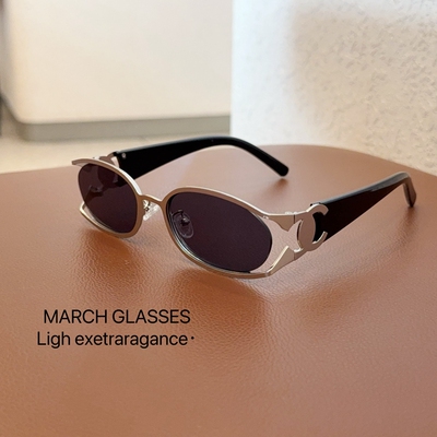 潮牌墨镜新款金属框金色镂空镜腿太阳镜椭圆形中古风时髦感女复古