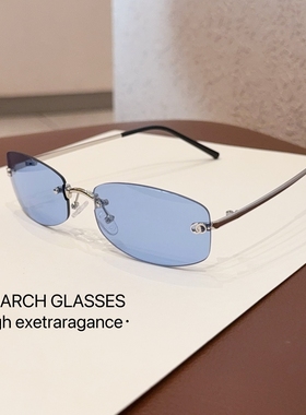 jennie同款复古无框太阳眼镜女2025年新款冰蓝色镜片防紫外线墨镜