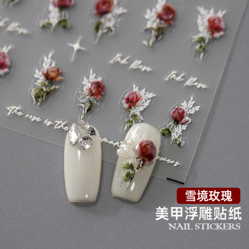 美甲立体浮雕款复古红玫瑰贴纸百搭花朵芒星英文3D蔷薇指甲贴花片