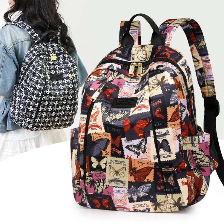 2025新款欧美时尚潮牌女士轻便牛津布印花双肩包简约通勤背包防水