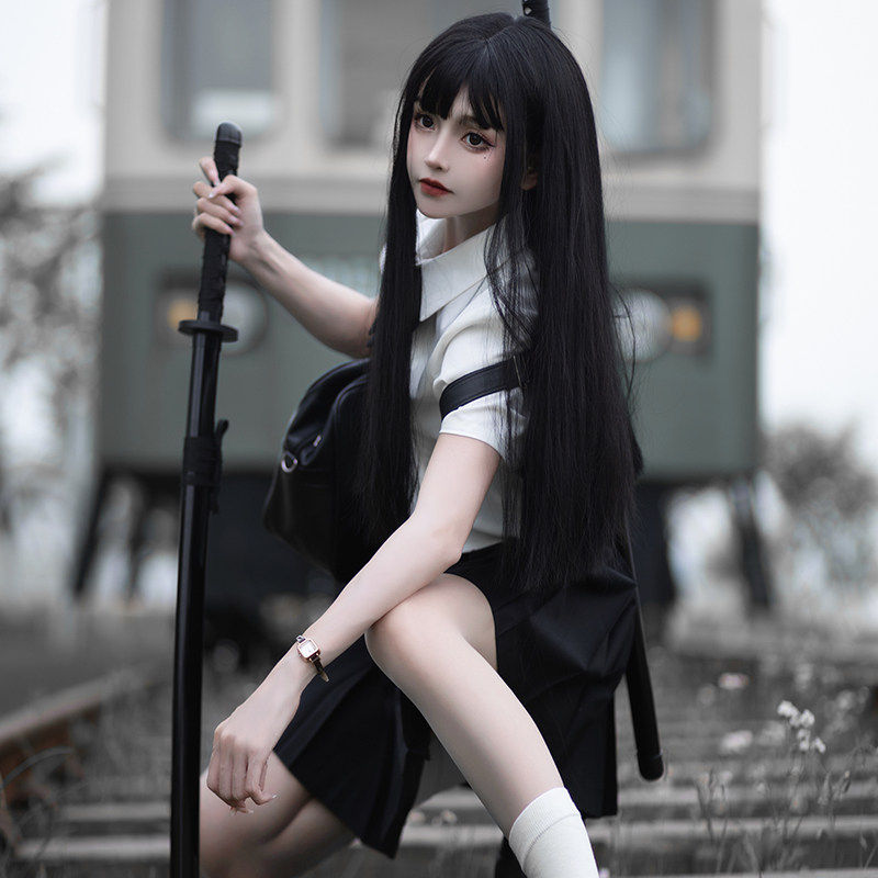 JICjk衬衫女收腰短袖辣妹百褶裙制服套装夏季修身显瘦学院风长袖