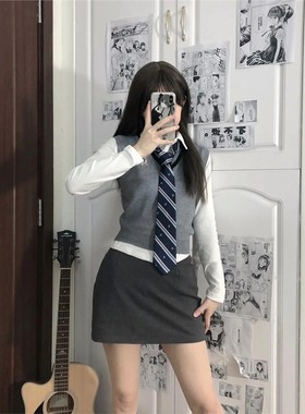 JIC火星institute韩系学姐收腰显瘦背心包臀裙韩式JK制服学院风套