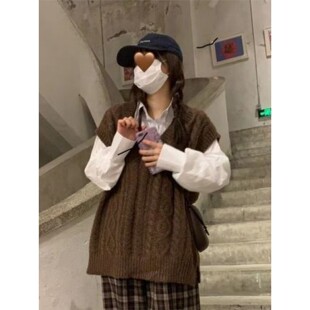 JIC胖薯大码学院风小清新针织衫麻花毛衣外套女韩版无袖马甲背心