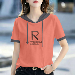 连帽印花短袖T恤女2026年夏季新款韩版大码百搭带帽半袖体恤上衣