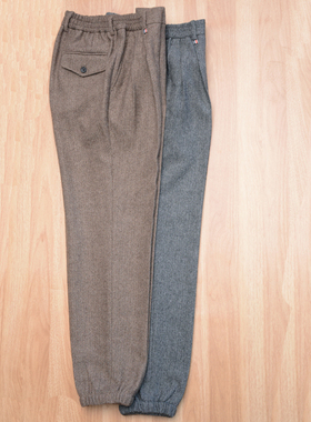 羊毛重磅粗花呢灰色咖色人字纹束脚马丁裤松紧腰可穿腰带男士西裤