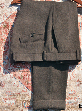 HBM新款咖棕色羊毛羊绒修身西裤男中腰厚款小直筒九分长裤 可定制