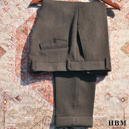 HBM新款咖棕色羊毛羊绒修身西裤男中腰厚款小直筒九分长裤 可定制