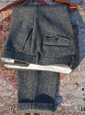 HBM秋冬厚款黑灰色人字羊毛雪花呢修身猎装裤复古中腰小直筒裤 男