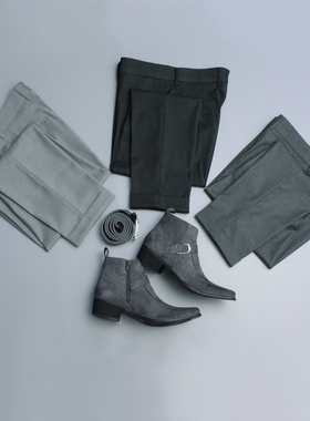 原创四季新款灰色系列免烫九分西裤那不勒斯腰带款复古弹力小脚裤