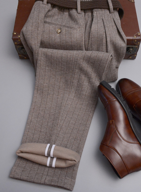 HBM冬季新款重磅加绒针织西裤深灰色醋酸羊绒宽条纹小直筒九分裤