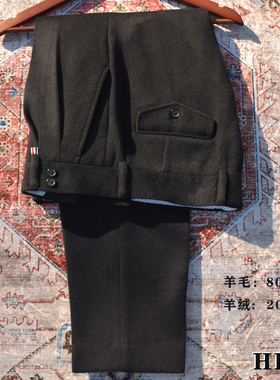 HBM冬新款黑色羊毛羊绒修身西裤男中腰厚款小直筒九分长裤 可定制