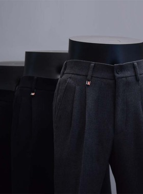 秋冬羊毛560g法兰呢黑色青灰斜纹裤子免烫松紧腰可系皮带男士西裤