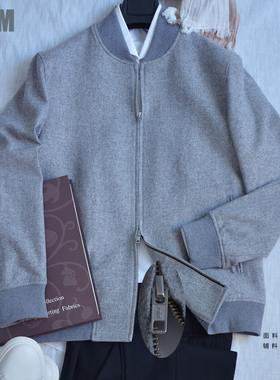 HBM秋冬意式老钱风羊毛呢子立领夹克浅灰色高端男士商务休闲外套