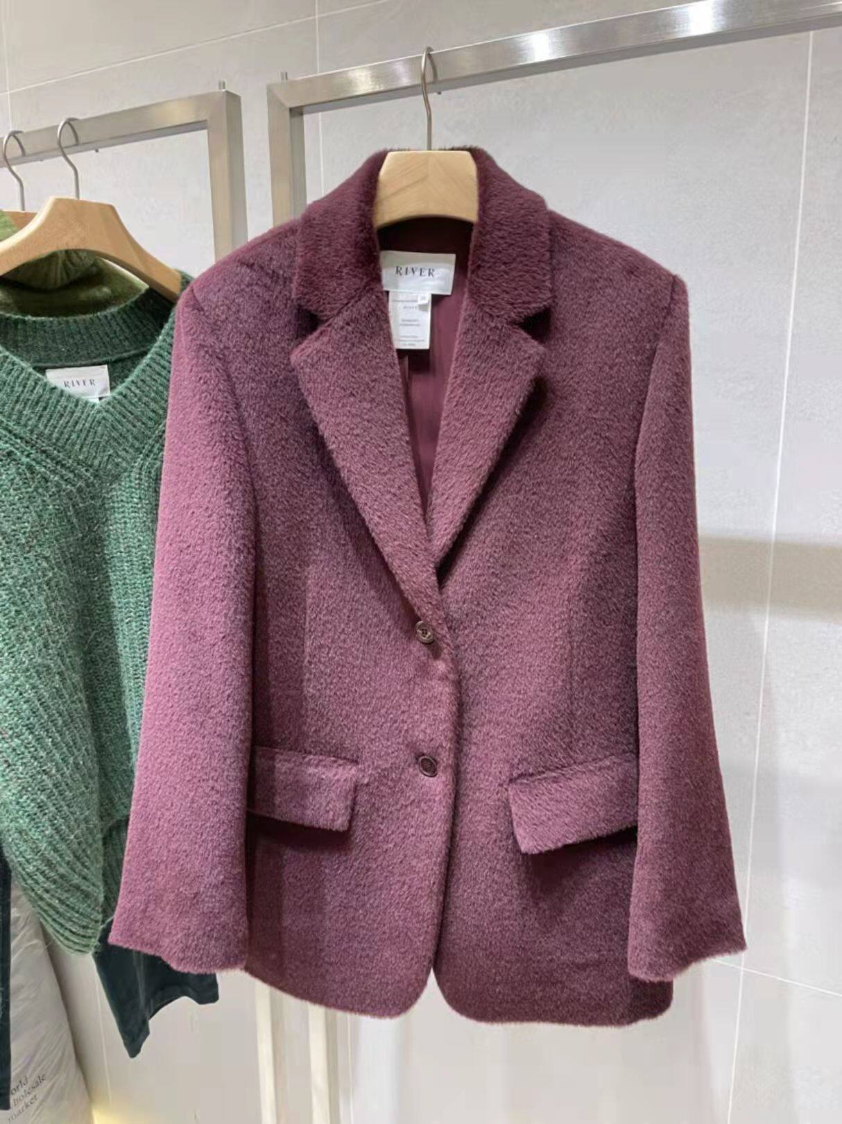 韩国代购东大么RIVER苏丽羊驼毛大衣呢外套西装皮草质感女21新品