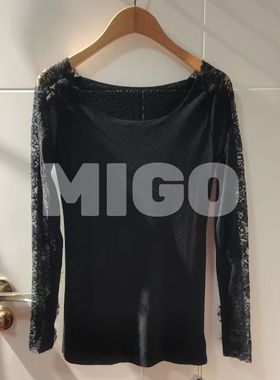 【米果家】811春季新款T恤修身黑色蕾丝流苏镂空袖网纱女式打底衫