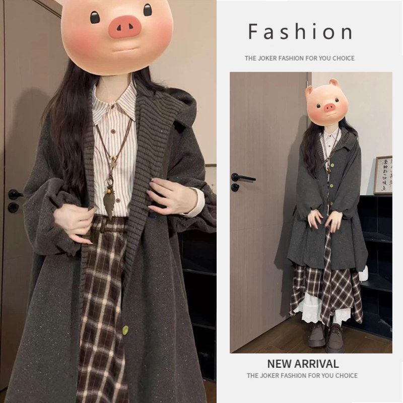 秋季温柔系穿搭女中长款连帽外套衬衫不规则显瘦半身裙三件套装潮