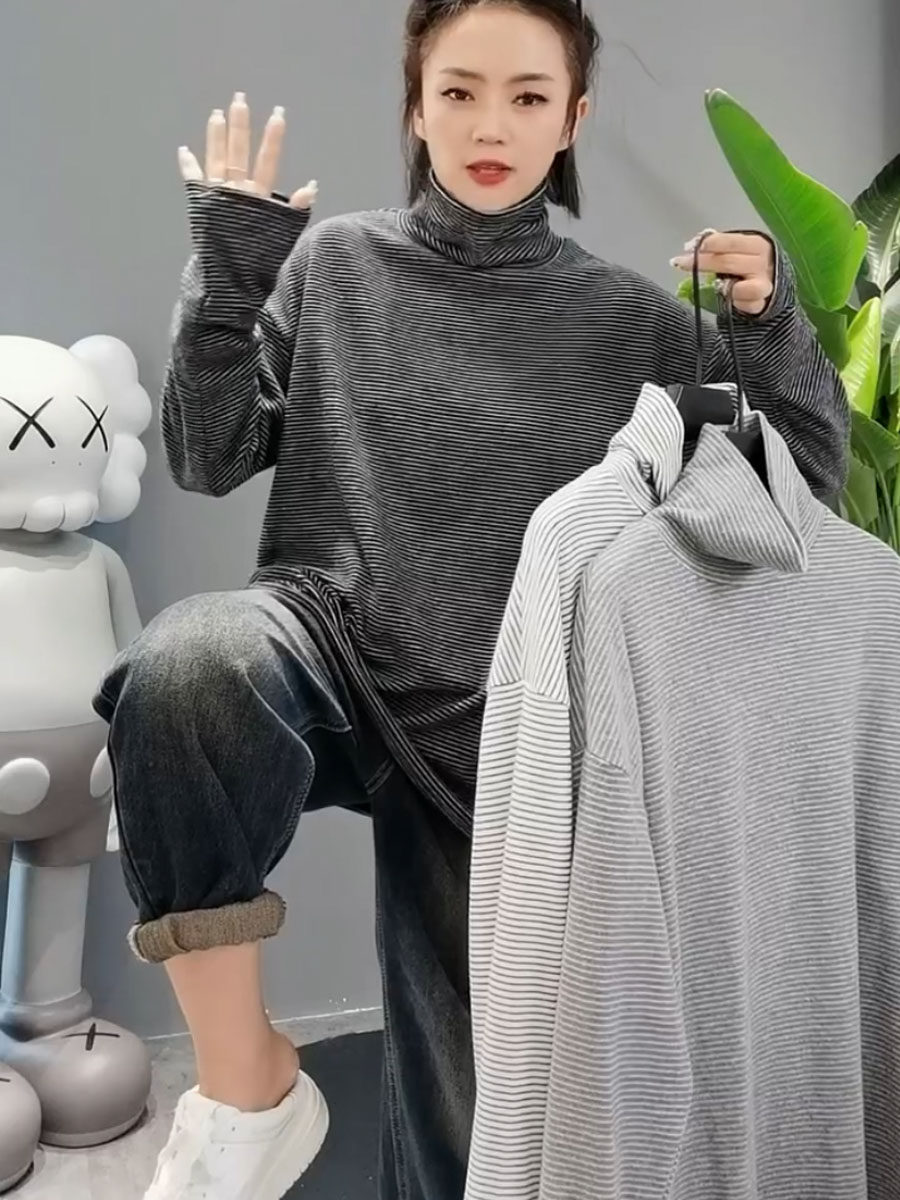 欧货2023秋冬宽松百搭条纹磨毛长袖打底衫上衣女洋气高领内搭T恤
