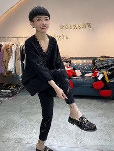 黑色蕾丝八分纸皮裤 高腰显瘦直筒休闲裤 女外穿 薄款 欧洲站2023夏季