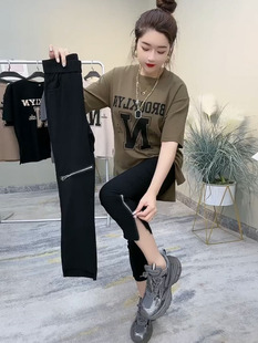 女小个子显瘦纸皮裤 高腰八分直筒烟管裤 子 黑色薄款 欧洲站2023夏季