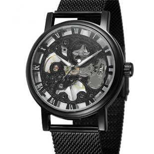 Winner镂空手动机械表机芯男士透底指针式合金网带国内全新镜面表