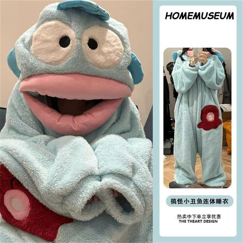 睡衣女冬季加厚加绒可外穿搞怪小丑鱼连体情侣厚珊瑚绒卡通家居服