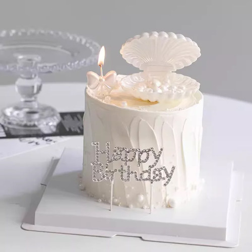 网红梦幻珍珠贝壳蛋糕装饰摆件白色蝴蝶结蜡烛钻石HB生日插件装扮