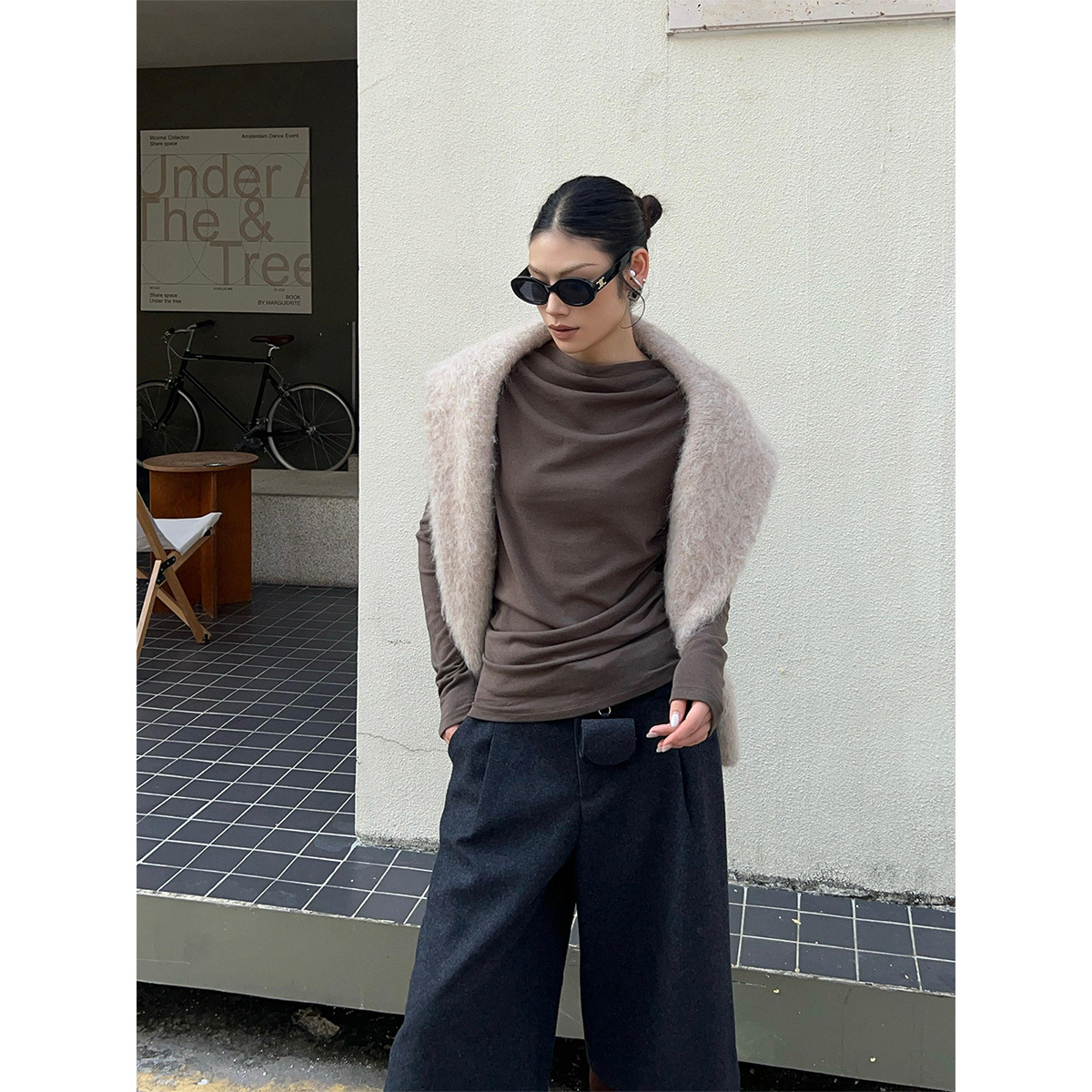 2025冬季新款荡领抽褶打底衫收腰上衣绵羊毛修身长袖T恤85533