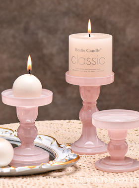 ins风简约粉色罗马柱玻璃烛台家居桌面装饰摆件餐厅氛围感装饰品