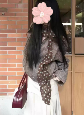 早秋韩版复古波点印花长条丝巾女慵懒风简约感围巾多用式系脖