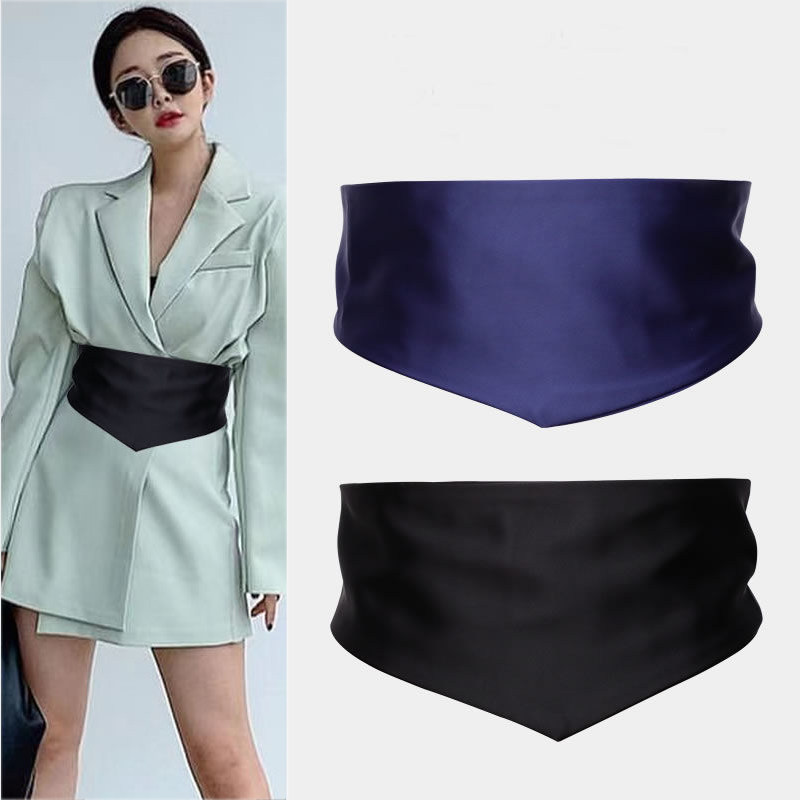 缎面纯色腰封女宽腰带装饰西装西服外套配饰外搭束腰缎面黑色松紧