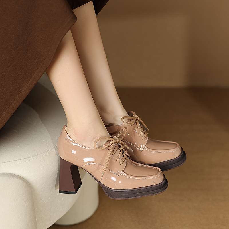 软面皮复古方头系带8cm高跟鞋春秋季真皮漆皮防水台深口粗跟单鞋