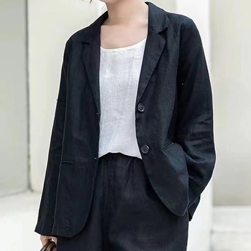 复古亚麻小西装女气质百搭2025春秋新款长袖棉麻宽松休闲西服外套