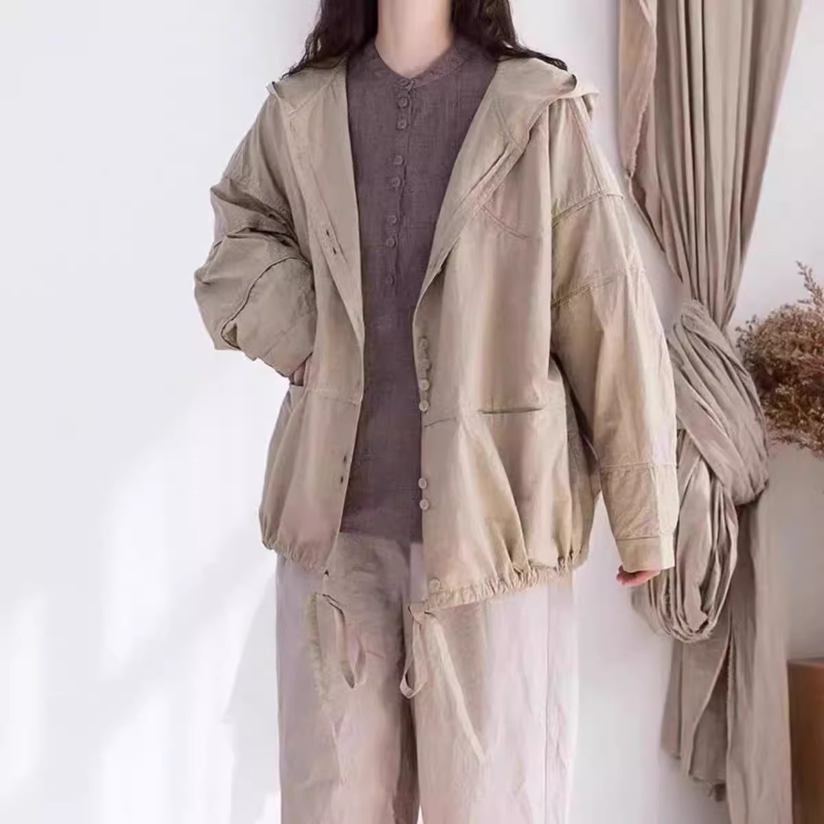 新款春夏雨露麻连帽衬衫时尚休闲百搭长袖上衣女潮流文艺复古外套