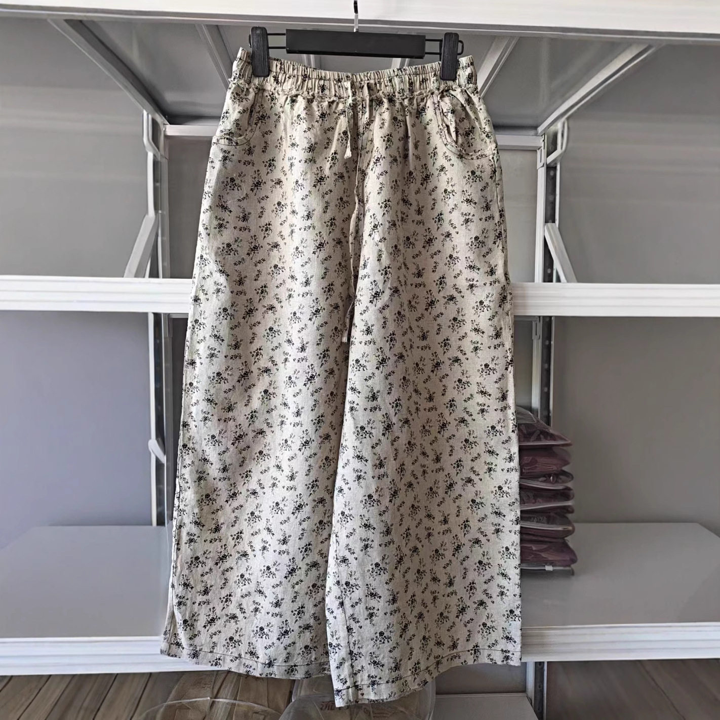 麻霖同款新品14支汉麻雨露麻印花布文艺休闲清凉显瘦九分阔腿裤