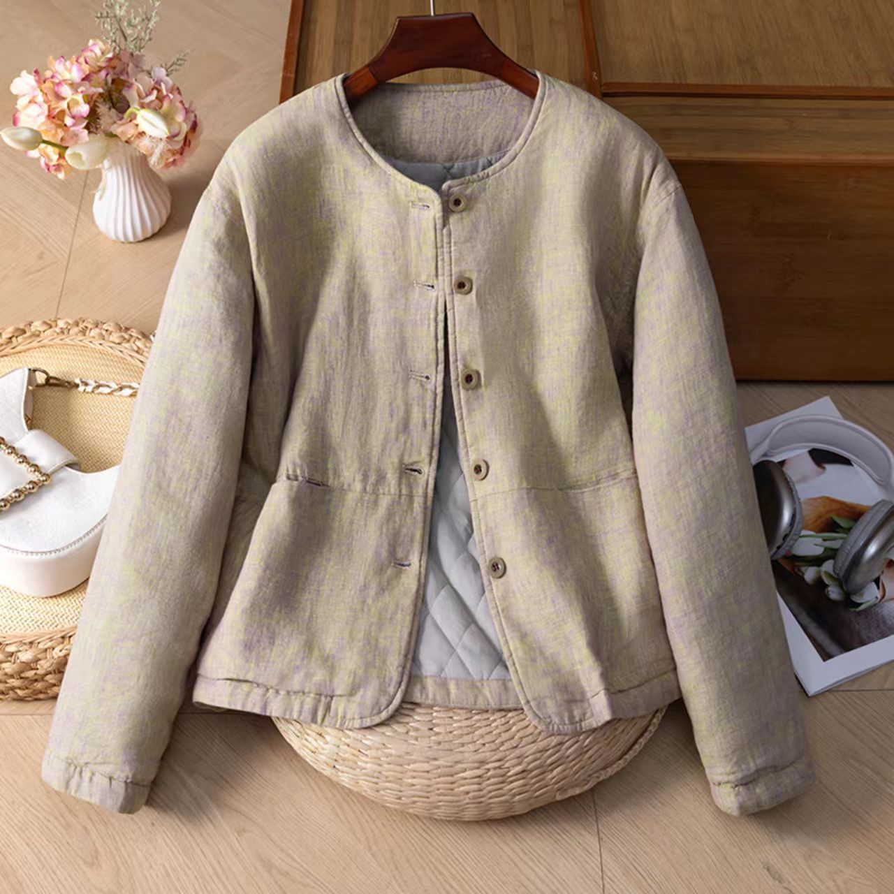 2025新款冬季色织汉麻夹棉棉服文艺复古百搭减龄外套外贸圆领