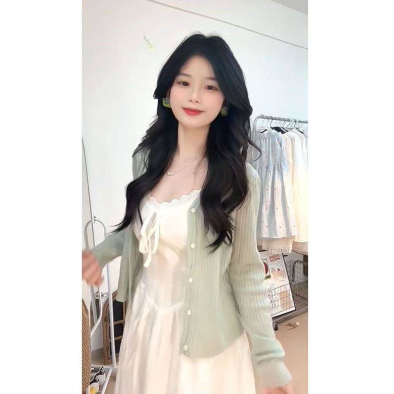 夏日韩版温柔甜美风蕾丝白色吊带连衣裙搭配针织防晒开衫两件套装