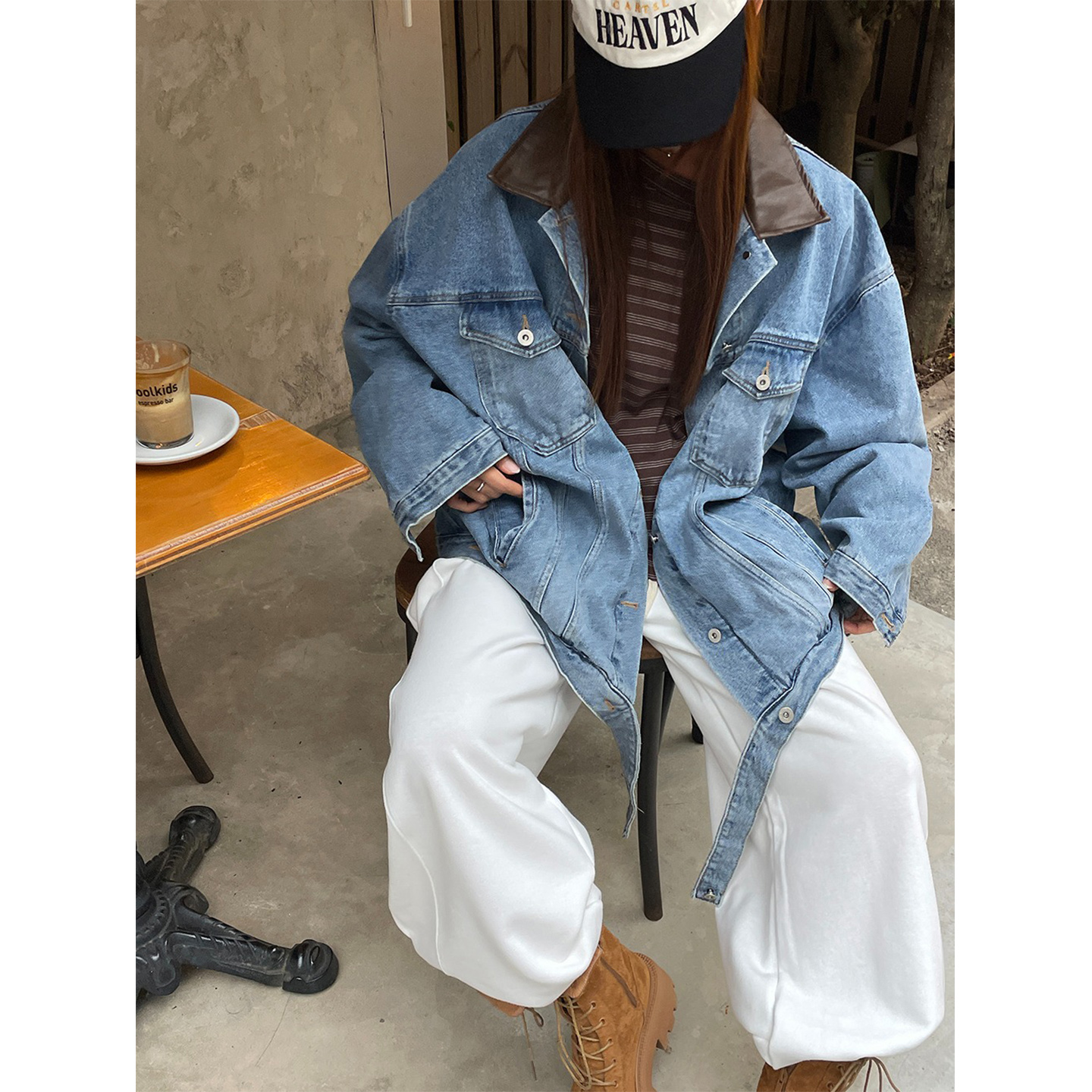 鬼鬼家正品韩代东大门秋冬 复古撞色翻领廓形显瘦夹克牛仔外套女