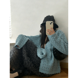 外套 很干爽凉快廓形钩花针织开衫 鬼鬼家正品 韩代东大门