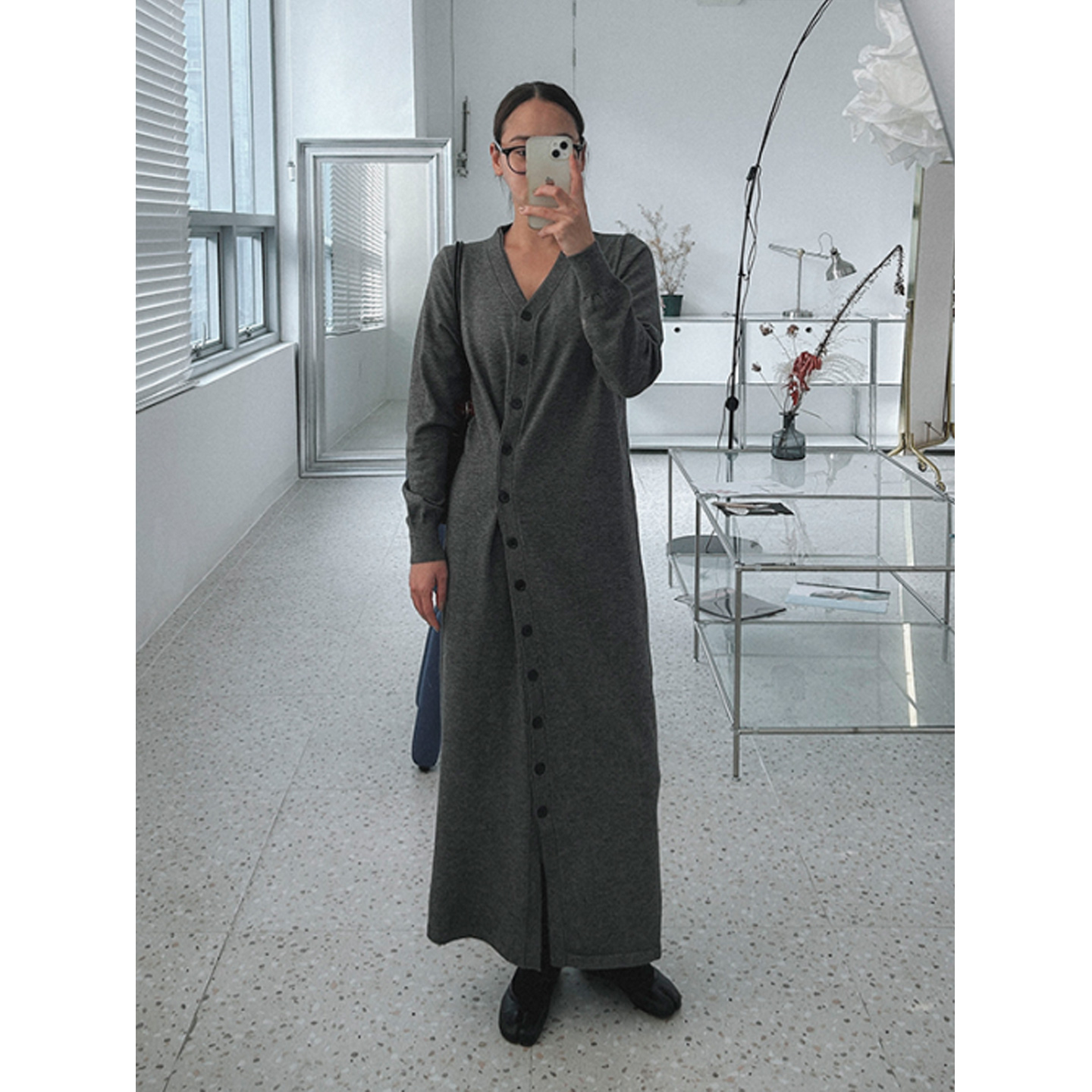 鬼鬼家正品韩代东大门秋冬 松弛感宽松显瘦V领单排扣针织连衣裙女