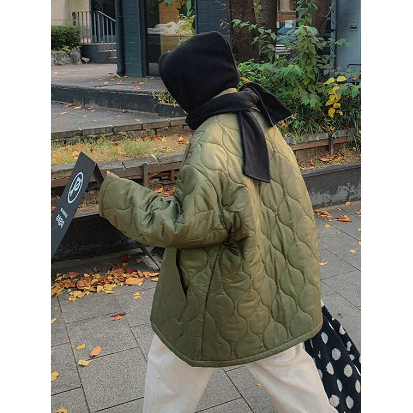 鬼鬼家正品韩代东大门秋冬 宽松大口袋水波纹菱格夹克中长款外套