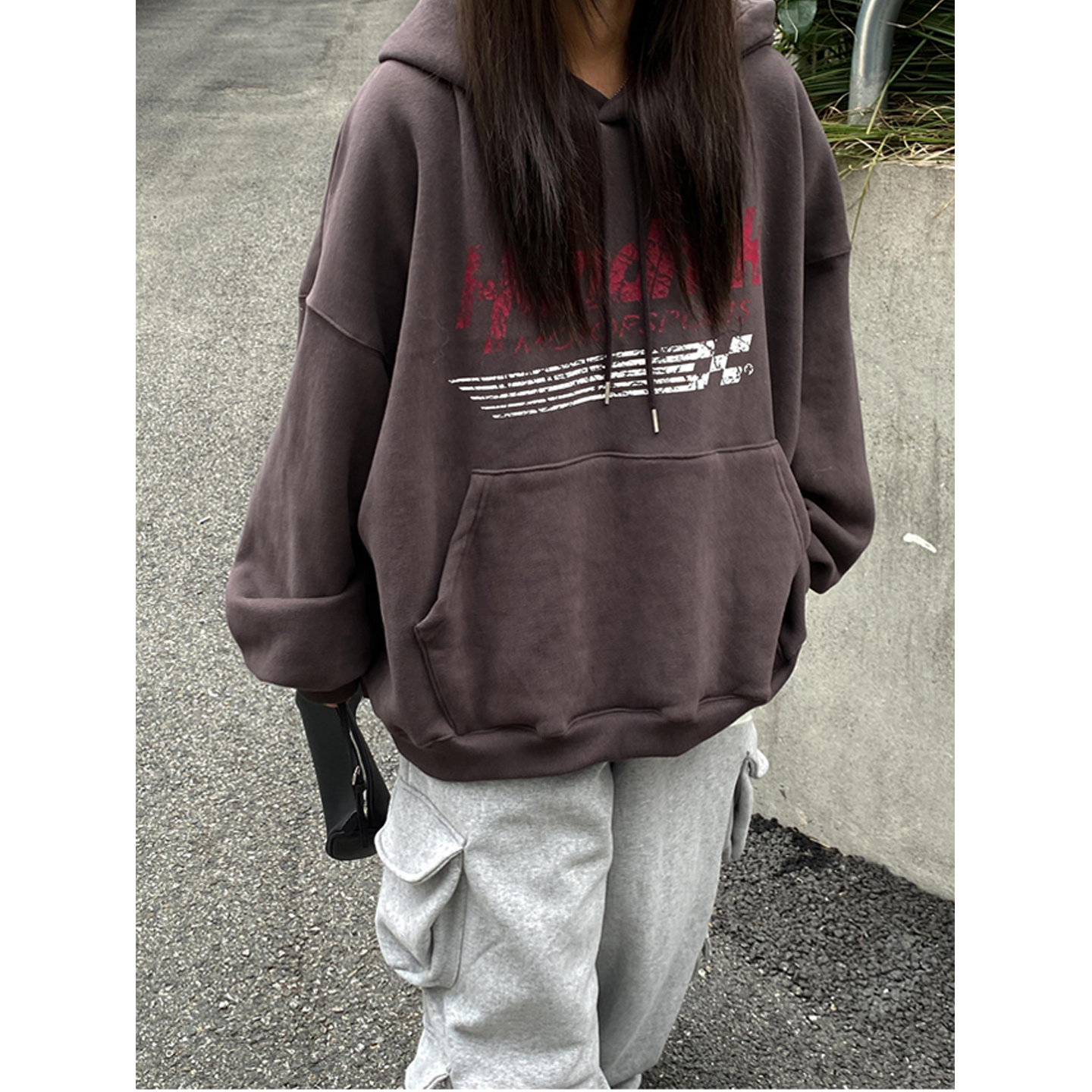 鬼鬼家正品韩代东大门秋冬 连帽套头大口袋字母印花长袖休闲卫衣