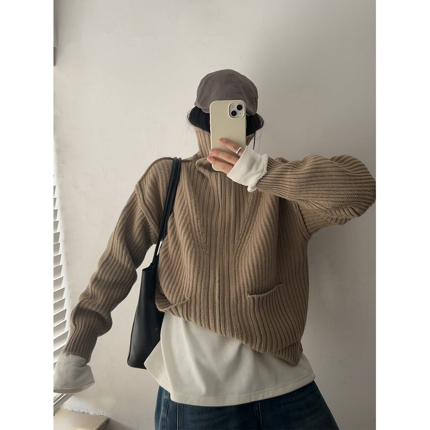 鬼鬼家正品韩代东大门 慵懒老钱立领加厚双拉链宽松针织毛衣外套