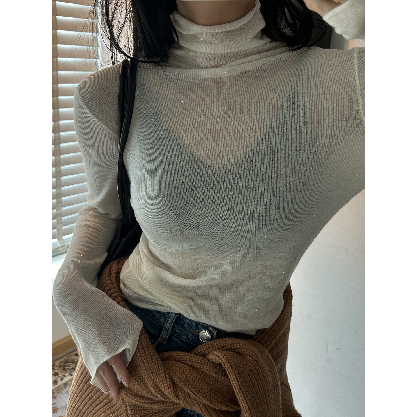 鬼鬼家 正品韩代东大门自留星空亮片弹力高领水溶羊毛针织打底衫